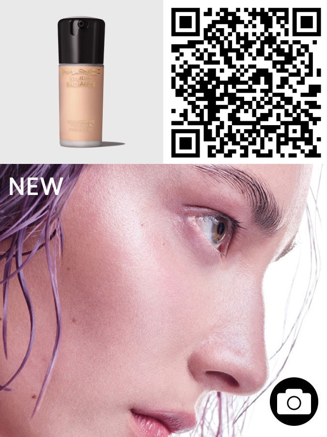 QR code and model's face for STUDIO RADIANCE SERUM-POWEREDTM FOUNDATION.