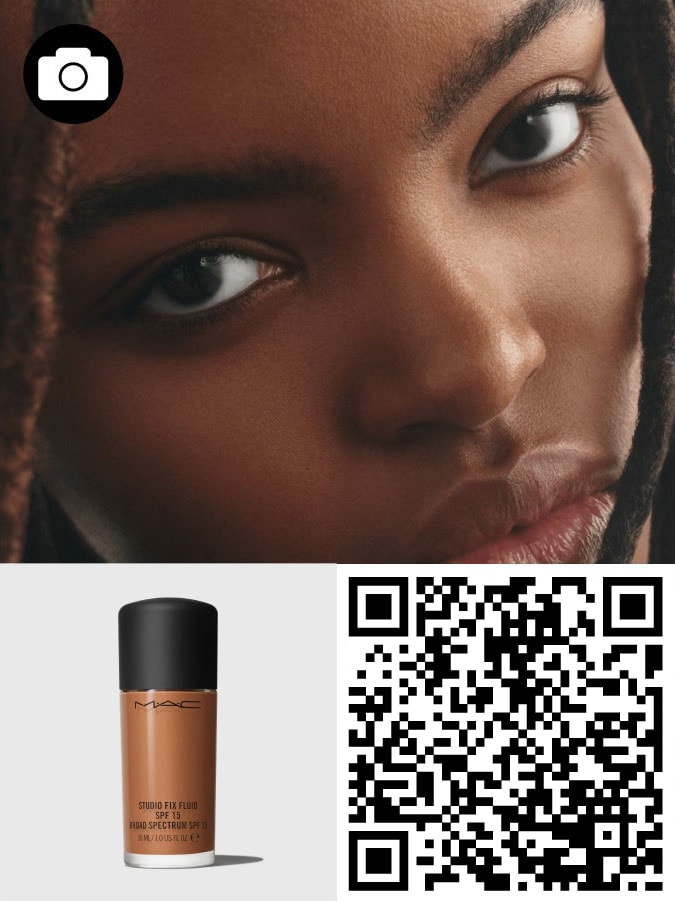QR code and model's face for STUDIO FIX FLUID SPF 15.